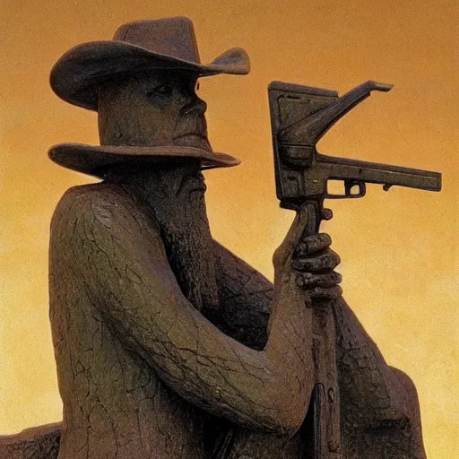 Prompt: beksinski's statue of thoth with a cowboy hat and a shotgun