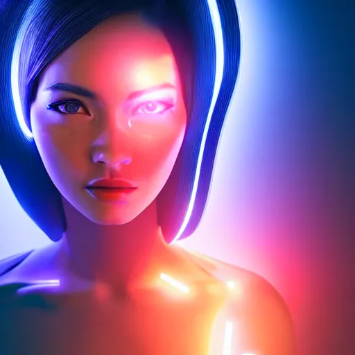 Prompt: beautiful japanese cyborg with megan fox face, digital led skin, neon lighting, techno neon projector background, portrait photo, octane render