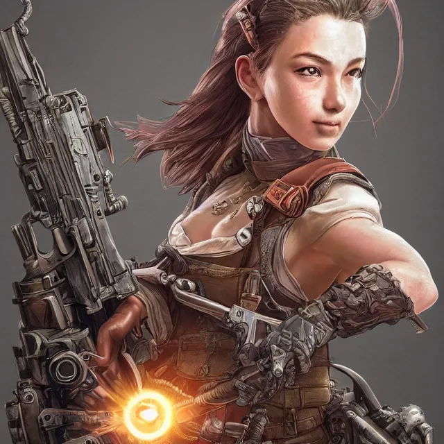 Image similar to the portrait of lawful neutral semi - colorful female infantry gunner as absurdly beautiful, gorgeous, elegant, young gravure idol, an ultrafine hyperdetailed illustration by kim jung gi, irakli nadar, intricate linework, bright colors, octopath traveler, final fantasy, unreal engine 5 highly rendered, global illumination, radiant light, detailed and intricate environment