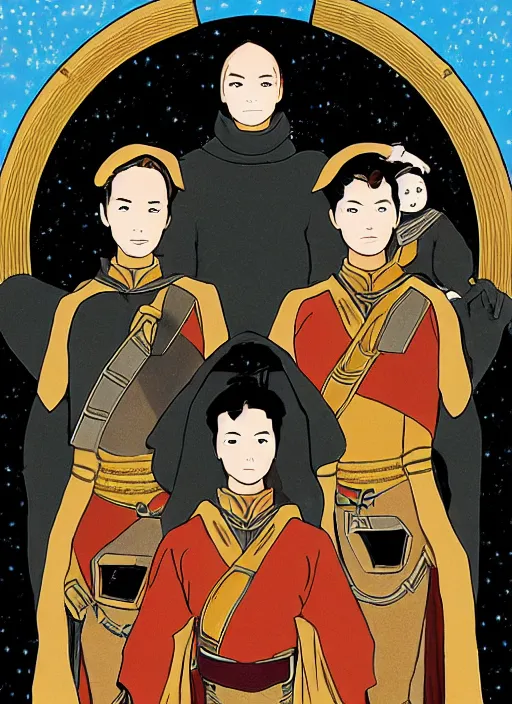 Prompt: family portrait of duke leto atreides and prince paul atreides, dune, in the style of yamato - e, traditional japanese, tosa school, tosa mitsuoki, tosa mitsunobu, iwasa matabei.