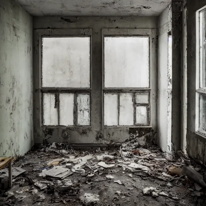 Image similar to derelict modern home interior, color photograph, canon eos c 3 0 0, ƒ 1. 8, 3 5 mm, 8 k, medium - format print