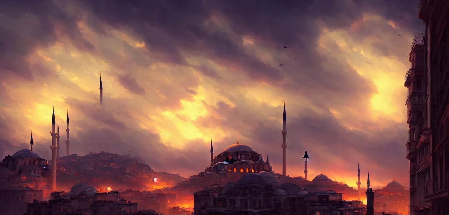 Prompt: istanbul, cinematic view, epic sky, detailed, concept art, low angle, high detail, warm lighting, volumetric, godrays, vivid, beautiful, trending on artstation, by jordan grimmer, huge scene, art greg rutkowski