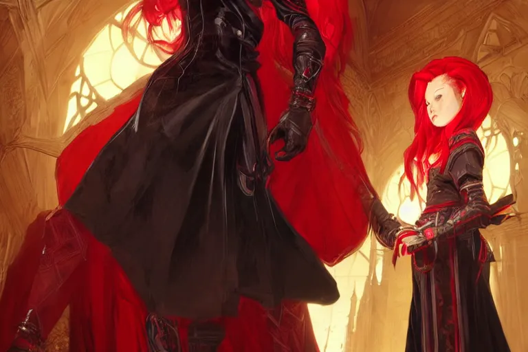 Image similar to female archmage, academy headmaster, red hair tied up in a bun black and red ornate!!! dress, character portrait, d & d, castle hallway background highly detailed, digital painting, artstation, concept art, sharp focus, illustration, cinematic lighting, art by artgerm and greg rutkowski and alphonse mucha