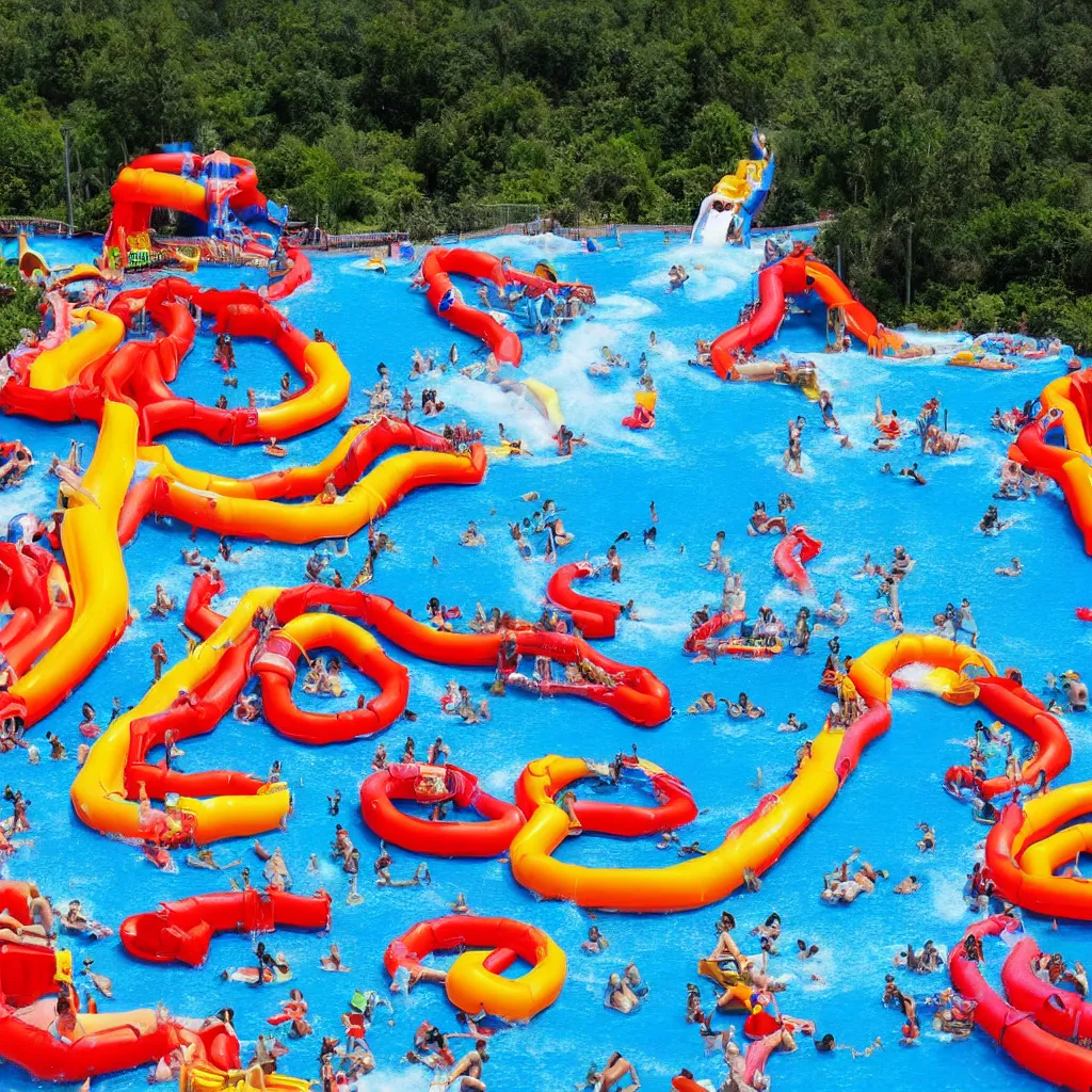 Prompt: an inflatable volcano erupting with water, Water park, wild rivers, raging waters, vacation photo