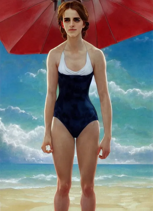Prompt: portrait emma watson as sea lifeguard on the beach, full length shot, shining, 8k highly detailed, sharp focus, illustration, art by artgerm, mucha, bouguereau