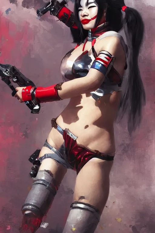 Image similar to portrait of asian Harley Quinn in bikini armor, dc comics, cyberpunk, Warhammer 40000, dark fantasy, digital art from artstation by Ruan Jia and Mandy Jurgens and Artgerm and william-adolphe bouguereau