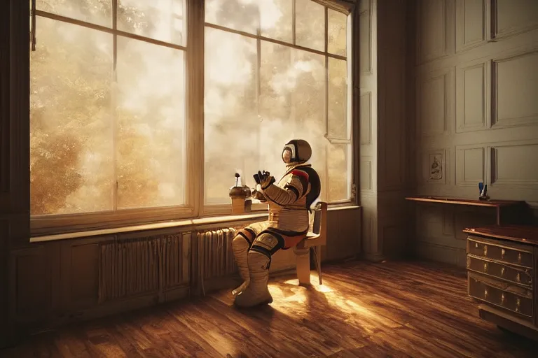 Image similar to a single cosmonaut in a spacesuit drinks a steaming cup of tea at an old wooden desk in a richly decorated Victorian house. the autumn light comes in through a window and dimly illuminates the room, diffuse light, octane render