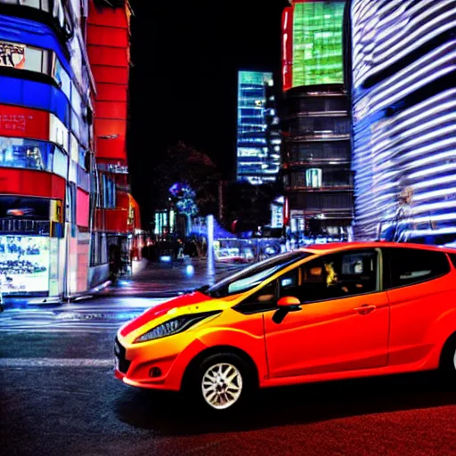 Image similar to red ford fiesta mk 5 zetec in shibuya tokyo, award winning photograph, night time