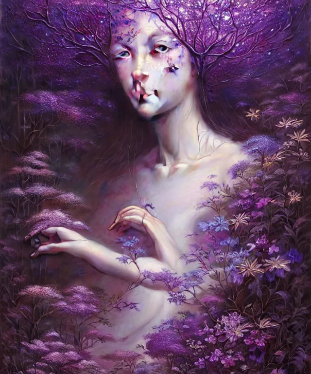 Prompt: ultra detailed magical realism portrait painting of the beautiful empress of the enchanted glowing purple forest, volumetric lighting, depth of field, intricate details, by karol bak, greg rutkowski, peter mohrbacher and miho hirano.