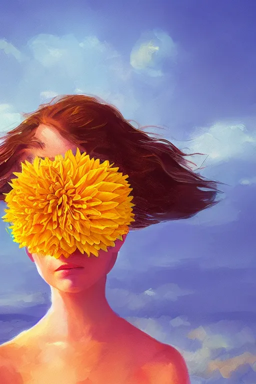 Image similar to closeup girl with huge yellow dahlia flower face, on the beach, surreal photography, blue sky, sunrise, dramatic light, impressionist painting, digital painting, artstation, simon stalenhag