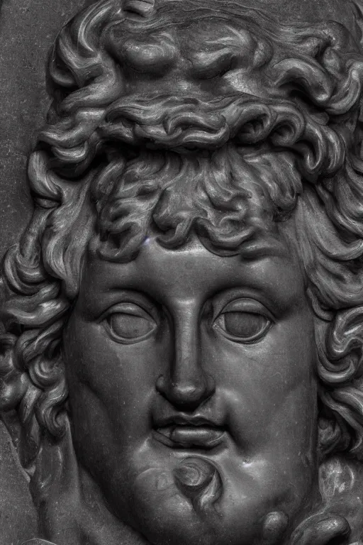 Image similar to Adam, face, closeup, ultra detailed, black granite, Guido Reni style