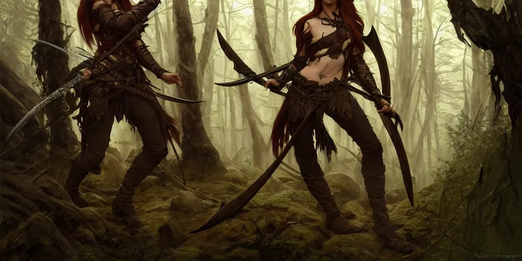 Prompt: wood elf ranger with eye patch with long auburn hair wearing dark brown leather armor using a glaive to battle a stone troll in an ancient, mysterious forest at dusk, fantasy, intricate, elegant, highly detailed, digital painting, artstation, concept art, matte, sharp focus, illustration, art by roberto ferri and greg rutkowski and alphonse mucha