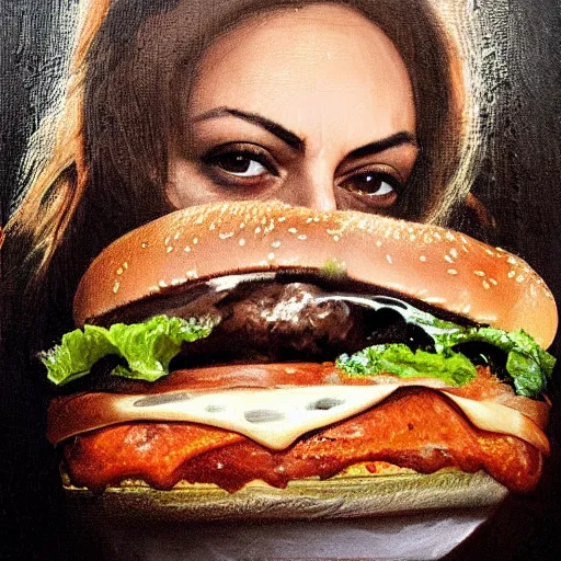 Image similar to terrifying portrait of Mila Kunis emerging from the dark void eating burger, face partially melting, figure in the darkness of renaissance, serving big macs, covered in ketchup,Francisco Goya, painted by John Singer Sargant, Adrian Ghenie, style of Francis Bacon, highly detailed, 8k, trending on artstation