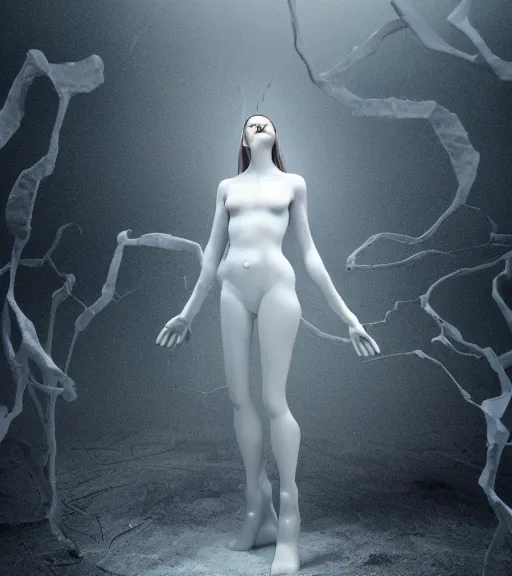 Prompt: surreal woman sculpture made of white crystalized aerial iridecent blood veins, inverted white massive roots in the air, in the gallery, foggy sky, dark night, octane render, unreal engine, pale colors, high detail, 8 k, wide angle, trending on artstation, behance