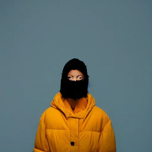 Image similar to realistic! photoshoot for a new balenciaga lookbook, color film photography, portrait of a beautiful woman wearing a balaclava puffer mask, photo in style of tyler mitchell, 35mm lens