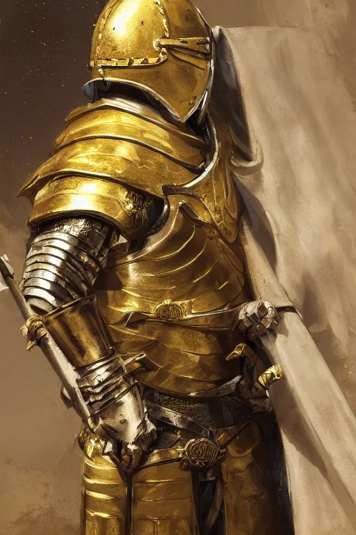 Prompt: man in decorated with gold in baroque style crusader armor, helmet hiding his face and white cape standing at the gates of jerusalem drawn by greg rutkowski realistic high detail