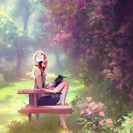 Prompt: advanced digital art. A beautiful girl is sitting on a bench reading in an abandoned train station overgrown with vines and flowers. Digital Anime painting. Sakimichan, WLOP, RossDraws, pixivs, Makoto Shinkai. —H 2160