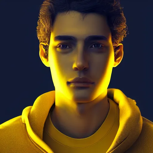 Image similar to close up portrait of young handsome it engineer in a yellow sweatshirt. cyberpunk, volumetric lighting, 4 k, hd, artstation, deviantart