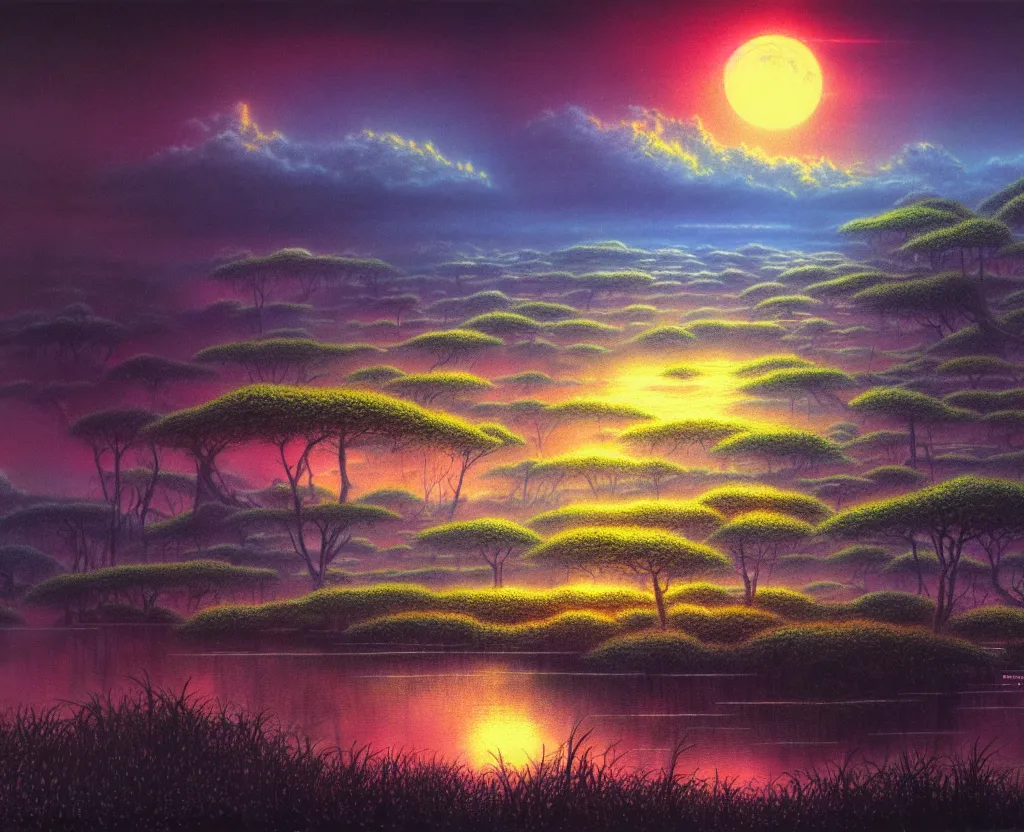 Image similar to a landscape pastel in the style of noriyoshi ohrai and mark tedin of an ancient swamp, night time. key art. 4 k retrofuturistic fantasy