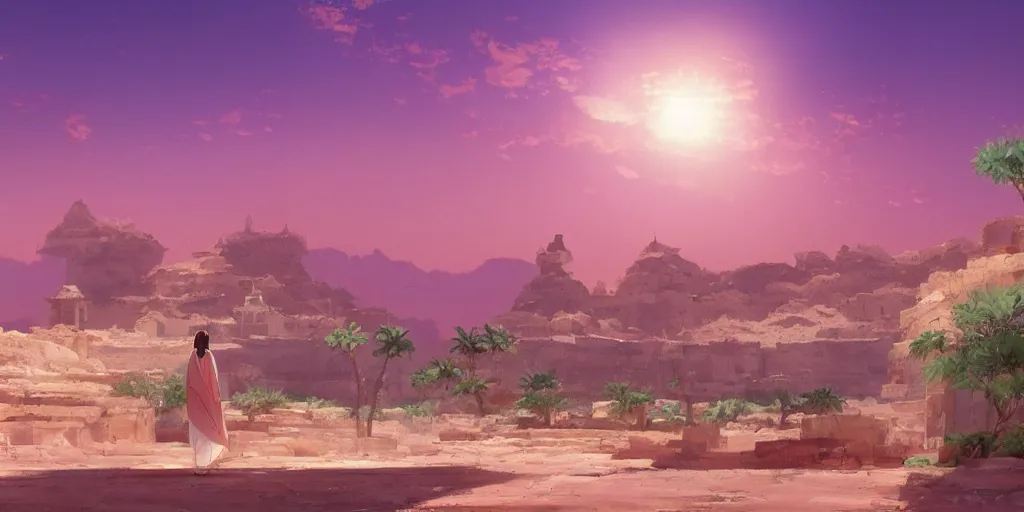 Prompt: a stunning desert landscape with an arabian palace on the horizon by makoto shinkai