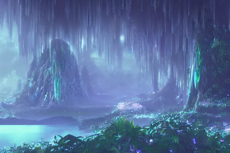 Image similar to scenery artwork, scene beautiful, light essence bioluminescent acrylic and cold nier automata pixiv scenery artwork : nature dream wire vegetation magic density infinite, hypersigil astrology macro seminal dream points of frozen imaginative vaporwave juice fluid dream scenery, high quality astral projection renders, nier automata, concept art