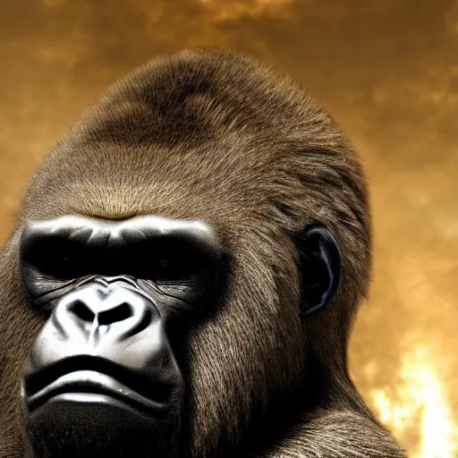 Image similar to big gorilla man terroizing church, 8k cinematic lighting, very sharp detail, anatomically correct