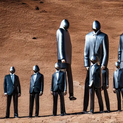 Image similar to Contamporary art fashion photography of ultra mega super hyper realistic detailed group of monkey's in suits standing around very highly detailed stainless steel monolith situated in the desert. Photo shot on ultra mega super hyper Leica Camera