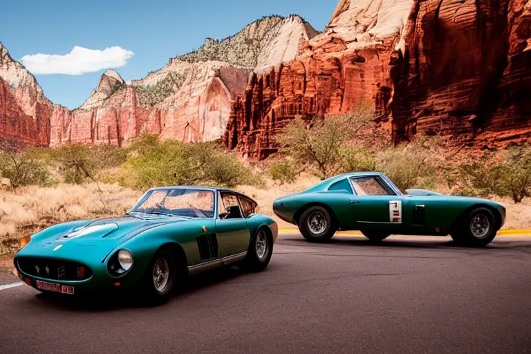 Image similar to cinematography Ferrari 250 GTO series 2 in Zion national park by Emmanuel Lubezki