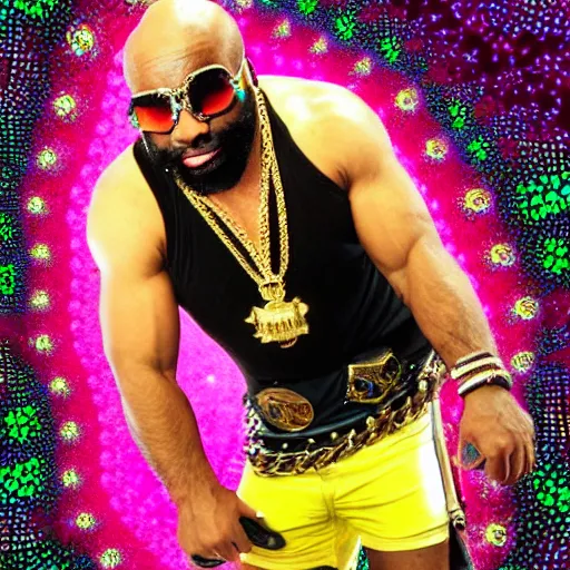 Image similar to a photograph of joe rogan as mr. t wearing many gold chains with a psychedelic dmt background