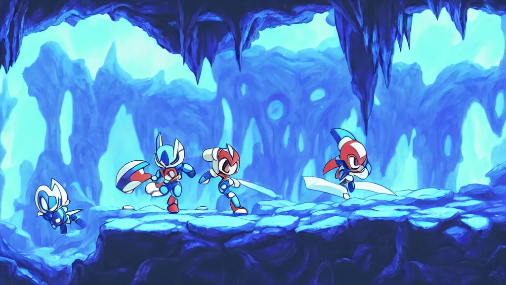 Image similar to side scrolling megaman zero stage 1 the ice cave, studio ghibli, pixar and disney animation, sharp, rendered in unreal engine 5, highly detailed, digital painting, artstation, hollow knight, smooth, sharp focus, illustration, wide angle, wallpaper, splash art, promo art, dramatic lighting, art by artgerm and greg rutkowski and bo chen and jin xiaodi