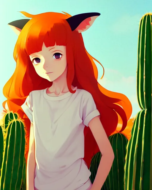 Image similar to portrait of cute redhead foxgirl in orange jumpsuit with fox ears by ilya kuvshinov, holding a cactus, cloudy sky background lush landscape illustration concept art anime key visual trending pixiv fanbox by wlop and greg rutkowski and makoto shinkai and studio ghibli