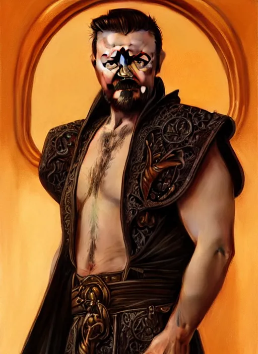 Image similar to portrait of ricky gervais, d & d, muscular! fantasy, intricate, leather robes, elegant, highly detailed, digital painting, artstation, concept art, smooth, sharp focus, illustration, art by artgerm and greg rutkowski and alphonse mucha