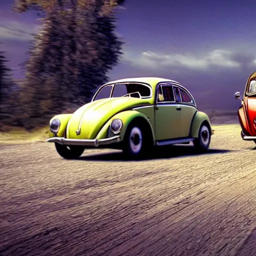 Image similar to promotional movie scene of a ( volkswagen beatle ) and lady bug hybrid. a volkswagen merged into a bug. it is racing down a dusty back - road. cinematic, 4 k, imax, 7 0 mm