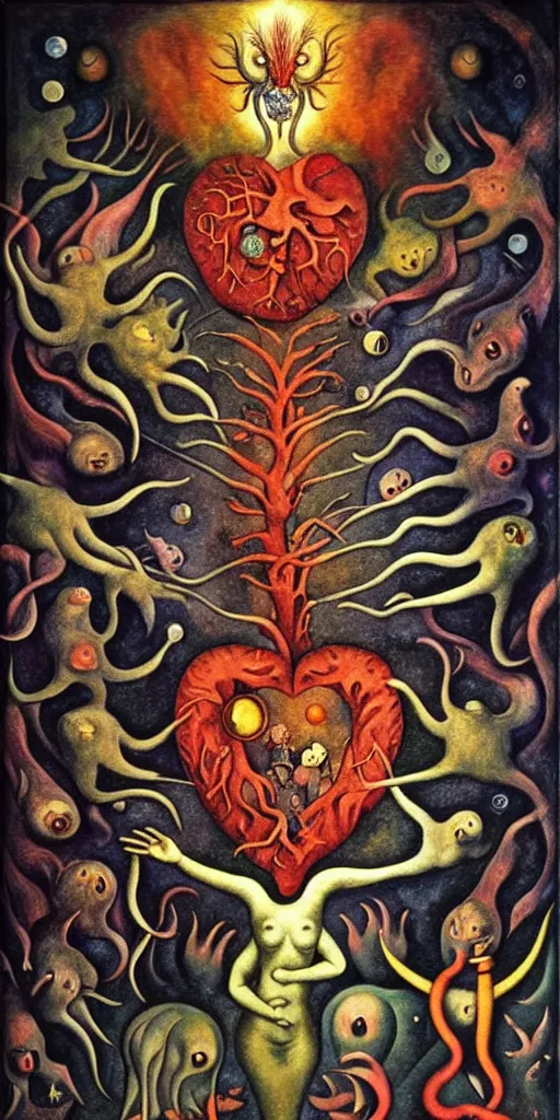 Image similar to mythical creatures and monsters in the visceral anatomical human heart imaginal realm of the collective unconscious, in a dark surreal mixed media oil painting by johfra, bosch, kandinsky, escher and ronny khalil, dramatic lighting from inner fire