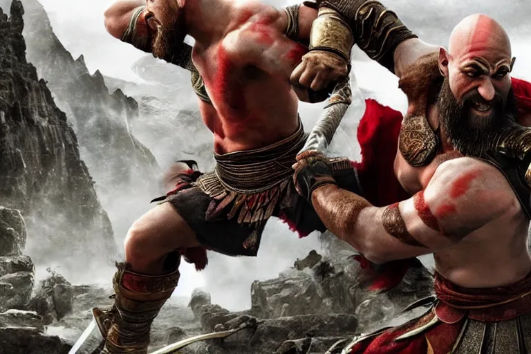 Prompt: Kratos fighting Warriors in Asgard