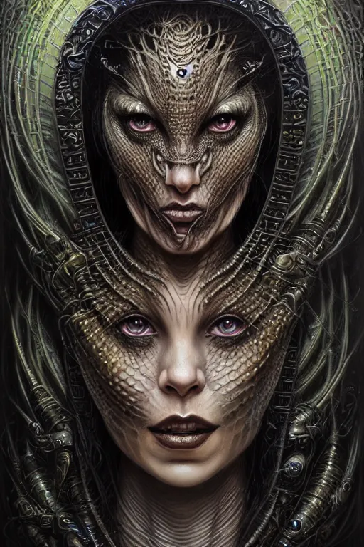 Image similar to single face portrait. complex hyper-maximalist overdetailed cinematic cosmic scifi portrait of an elegant very attractive but wild and dangerous humanoid reptilian goddess by andrei riabovitchev, tomasz alen kopera, oleksandra shchaslyva. Omnious intricate. Secessionist portrait illustration. Poison goddes. Slightly influenced by giger. Zerg human hybrid goddes. Unreal engine 5. Focus on face. Artstation. Deviantart. 8k 4k 64megapixel. Cosmic horror style. Rendered by binx.ly.