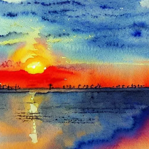 Image similar to sunset, very beautiful watercolor painting, red dark - blue and orange color palette, extremely detailed, masterpiece by a very talented artist, cheerful optimistic happy joyful, stunning gorgeous