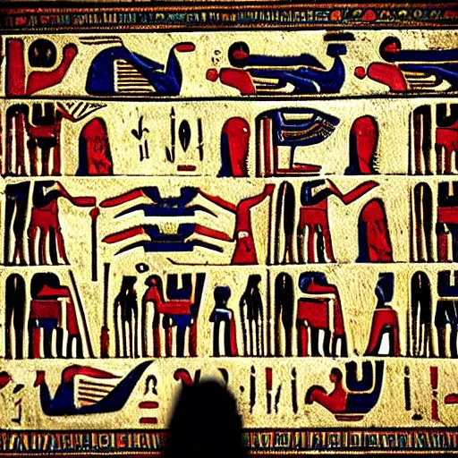 Prompt: people inside an egyptian hieroglyph using an iphone, technology, phone, egyptian, national geographic, polaroid picture