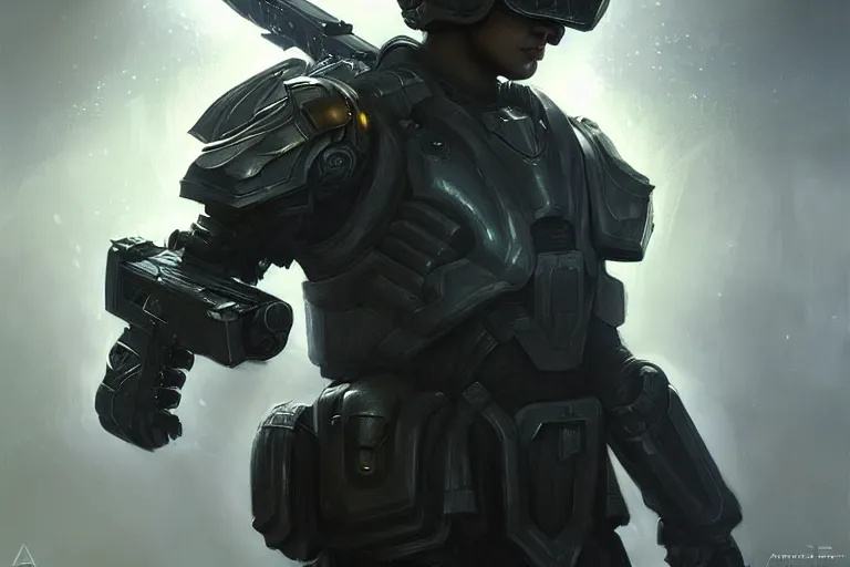 Image similar to futuristic male soldiers with guns in powered armor, diffuse lighting, fantasy, intricate, elegant, highly detailed, lifelike, cinematic, photorealistic, digital painting, artstation, illustration, concept art, smooth, sharp focus, art by andree wallin, halo