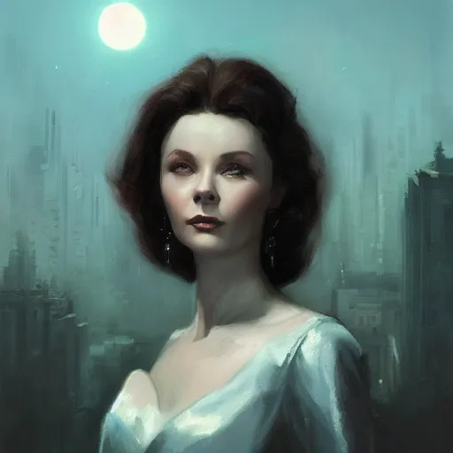 Image similar to portrait of a young vivian leigh, dramatic light, city background, night, moon, chiaroscuro, high detail, sharp, painted by greg rutkowski, painted by igor kieryluk, painted by bobby chiu, trending on artstation