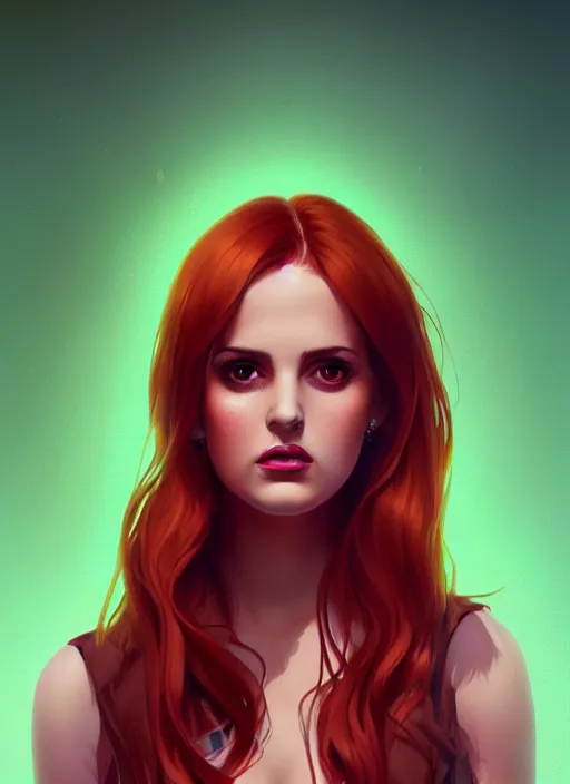 Image similar to full body portrait of teenage cheryl blossom, bangs, green eyes, mischievous expression, red hair, sultry smirk, bangs and wavy hair, intricate, elegant, glowing lights, highly detailed, digital painting, artstation, concept art, smooth, sharp focus, illustration, art by wlop, mars ravelo and greg rutkowski