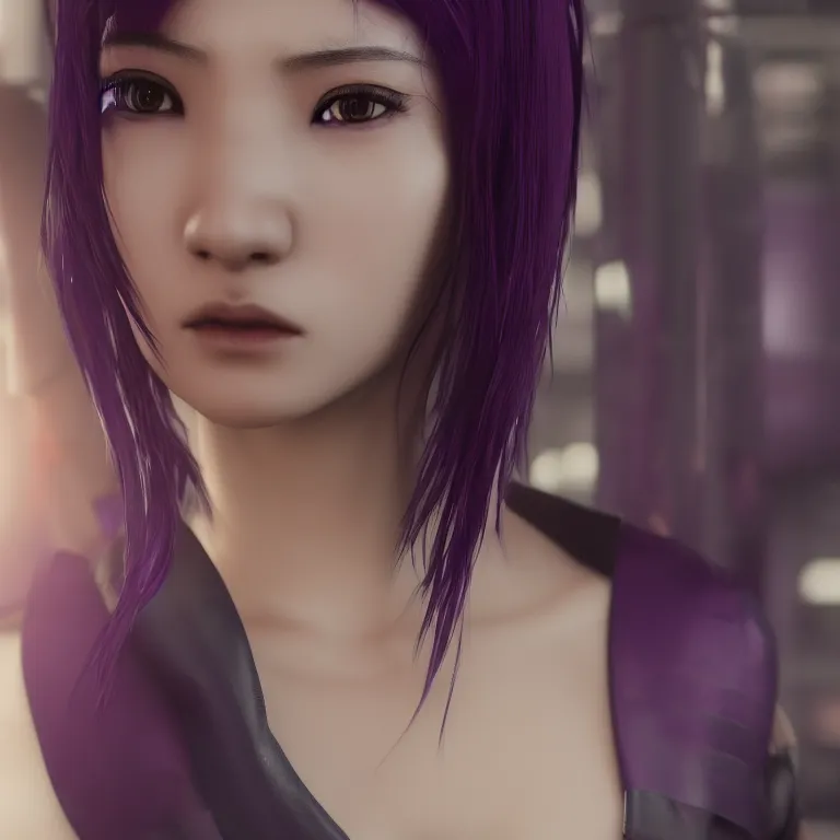 Prompt: Close up portrait of a young Asian Cyberpunk woman with dark purple hair, 3d render, Unreal Engine, octane render, ray tracing, Unity, highly detailed, high quality, HD, 4k, 8k, realistic, sharp, trending