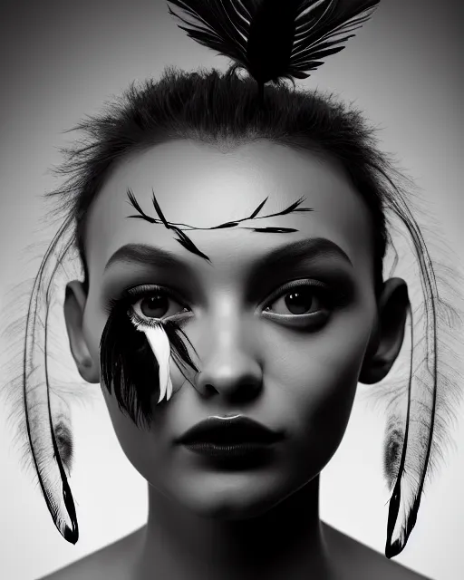 Image similar to surreal mythical dreamy dark artistic black and white fine art 3 / 4 portrait photo of a young delicate mutant female - orchid - bird - cyborg with feather hair, rim light, cinematic, studio dramatic light, poetic, octane render, 8 k, photo - realistic