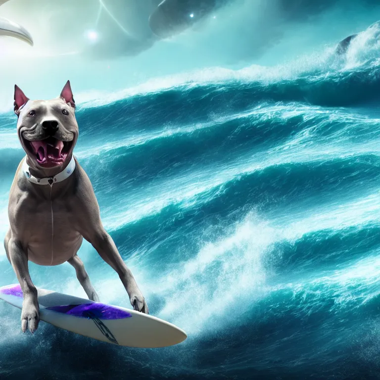 Image similar to photo of a gray coat pit bull with white paws, surfing on a surfboard in a crashing wave of alien ocean in space, background is an alien galaxy, aliens in the background, alien colors, octane render, unreal engine, wide view, 8 k, high detaild