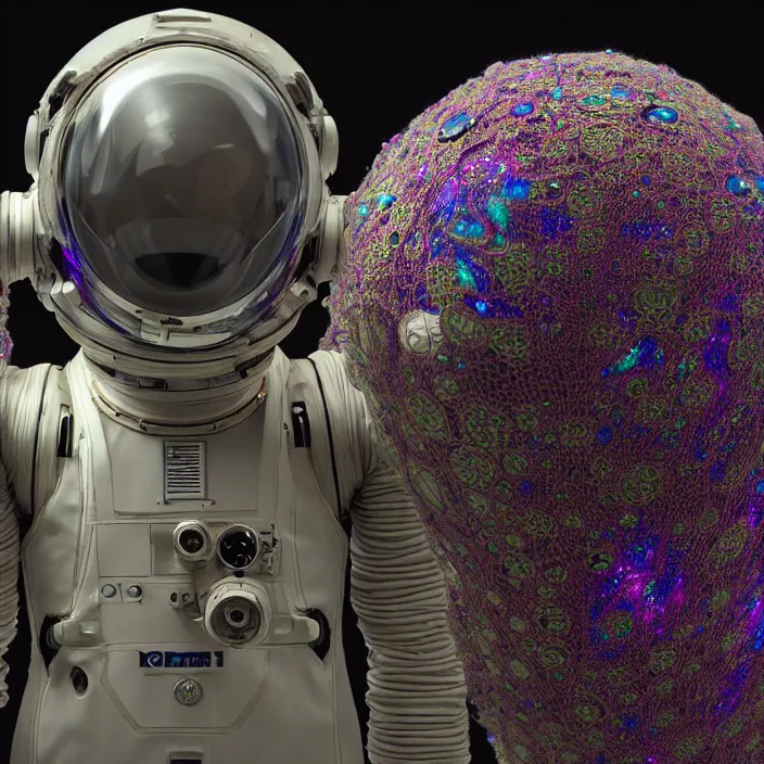 Image similar to a cybernetic symbiosis of a single astronaut mech-organic eva suit made of pearlescent wearing knitted shiny ceramic multi colored yarn thread infected with diamond 3d fractal lace iridescent bubble 3d skin dotted covered with orb stalks of insectoid compound eye camera lenses floats through the living room, film still from the movie directed by Denis Villeneuve with art direction by Salvador Dalí, wide lens,kevlar,carbon fiber,ceramics,gaseous materials,