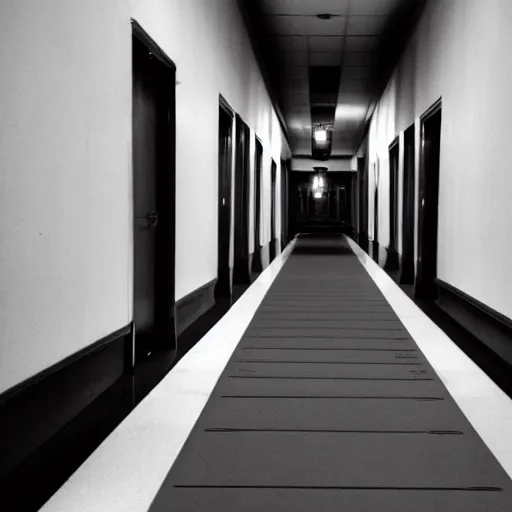 Prompt: a photo, five and a half minute hallway, at night, long hallway, surrealist