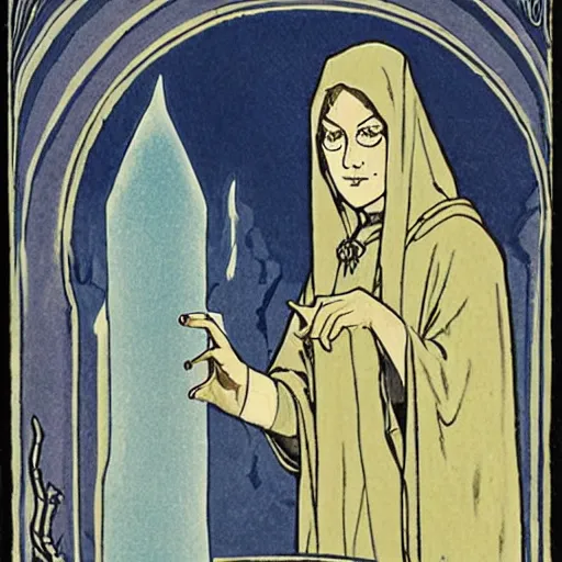 Image similar to a cloaked mage casting a magic spell from her hand toward an ice castle, art nouveau