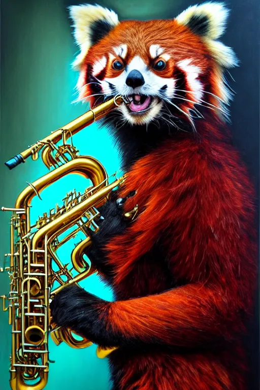 Image similar to a portrait of an anthropomorphic cyberpunk single red panda playing a saxophone by sandra chevrier, by jon foster, detailed render, tape deck, epic composition, cybernetics, 4 k realistic, cryengine, realistic shaded lighting, sharp focus, masterpiece, by enki bilal