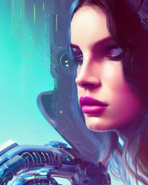 Image similar to portrait of lana del rey as a cyberpunk cyborg. sci - fi intricate abstract. intricate artwork, tear drops, roses, by tooth wu, wlop, beeple, dan mumford. concept art, octane render, trending on artstation, greg rutkowski, asymmetrical, cinematic arthouse, key art, hyper realism, iridescent accents