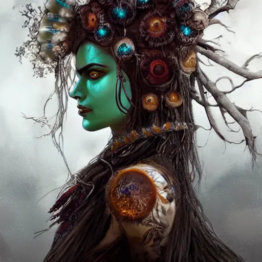 Image similar to portrait of shaman dryad goddess detailed, cinematic photo, artstation